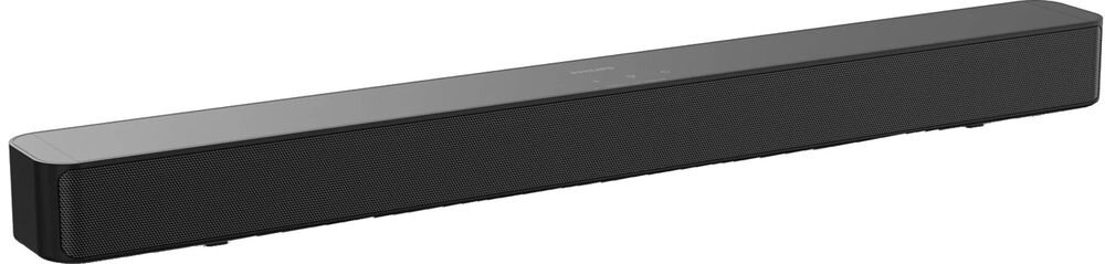 Czarny soundbar o prostokątnym kształcie z widoczną siatką na przedniej części i gładką powierzchnią na górze. Na górnej powierzchni znajduje się logo producenta oraz kilka przycisków dotykowych.