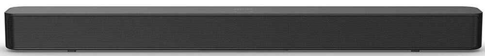 Czarny soundbar o prostokątnym kształcie z widoczną siatką na przedniej części. Na górze znajduje się logo \'PHILIPS\'.