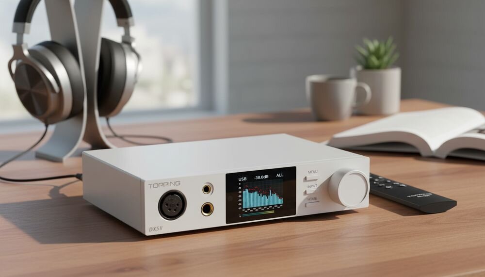 TOPPING DX5 II wielofunkcyjny DAC wzmacniacz słuchawkowy Bluetooth, urządzenie stojące na biurku w pomieszczeniu
