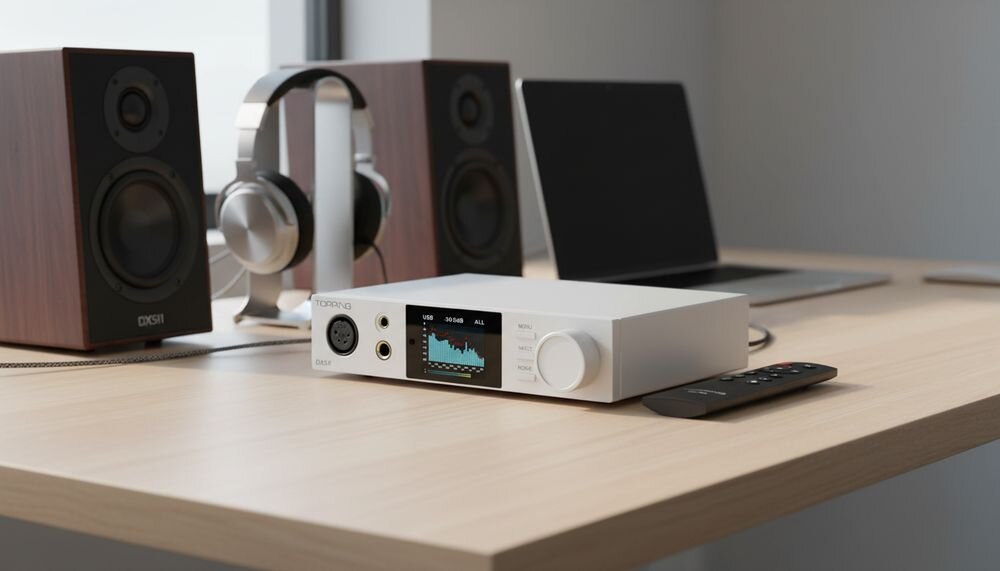 TOPPING DX5 II DAC PCM 32 bit 768 kHz DSD512 pasmo 20–40000 Hz, urządzenie stojące na biurku w pomieszczeniu