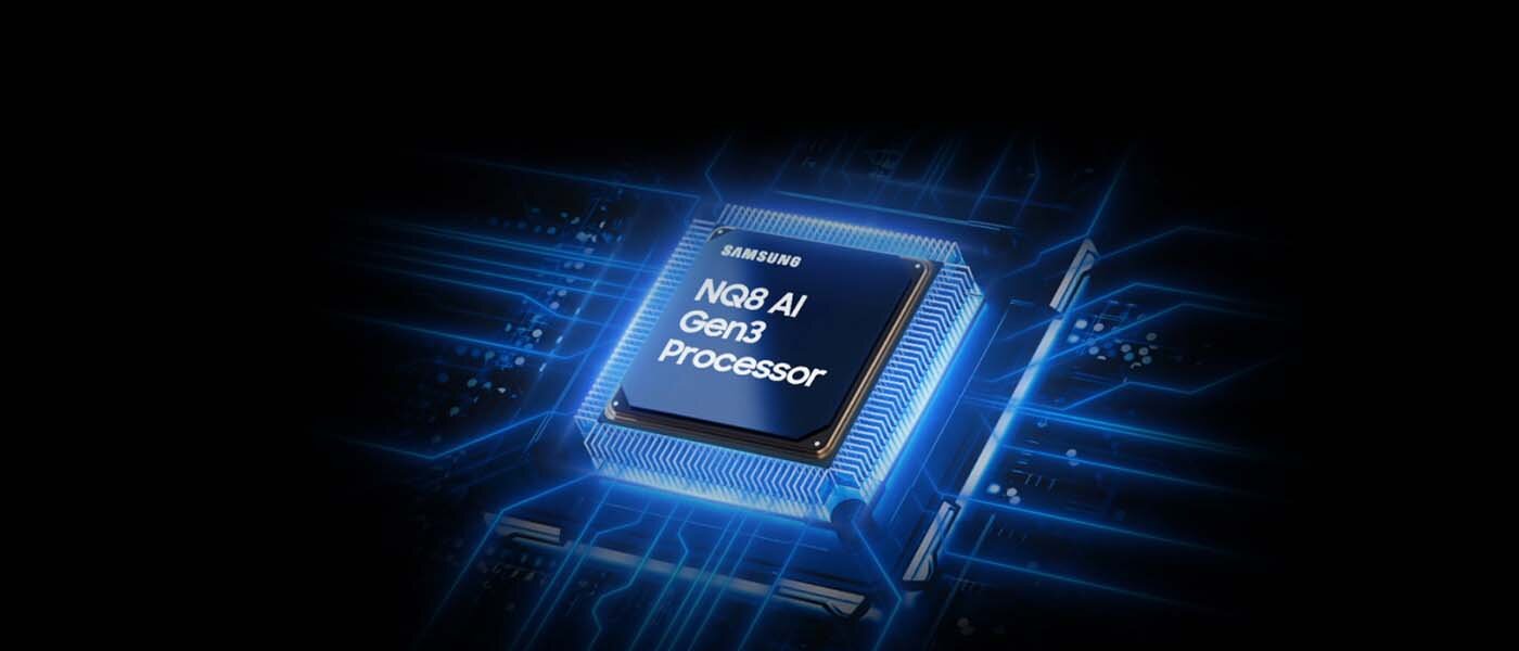 1400x600 vision ai nq8 ai gen3 processor 2 start pc Obraz przedstawia procesor z napisem \'SAMSUNG NQ8 AI Gen3 Processor\' na tle niebieskich linii przypominających obwody elektroniczne.