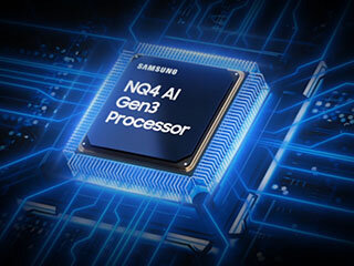 Obraz przedstawia procesor z napisem \'SAMSUNG NQ4 AI Gen3 Processor\' na tle schematu obwodów elektronicznych.