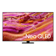 Telewizor z wyświetlaczem prezentującym kolorowy, abstrakcyjny wzór w odcieniach różu i pomarańczu z napisem \'Neo QLED\'.