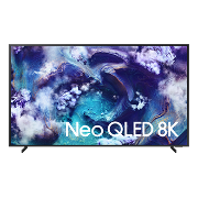 Telewizor z wyświetlaczem prezentującym abstrakcyjny obraz w odcieniach niebieskiego i fioletowego z napisem \'Neo QLED 8K\'.
