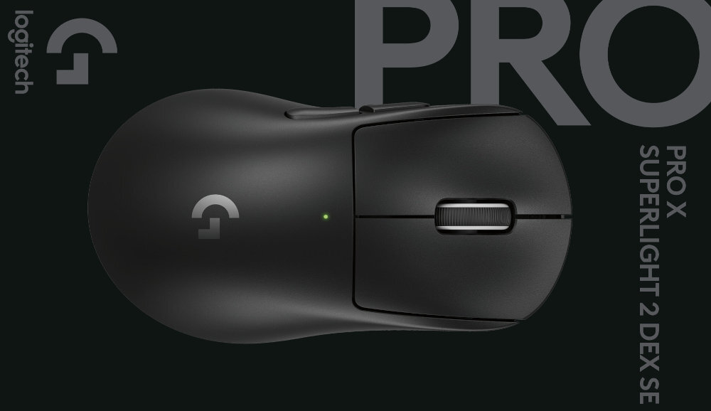 Czarna mysz komputerowa z logo \'G\' i napisem \'logitech\' oraz tekstem \'PRO X SUPERLIGHT 2 DEX SE\'.