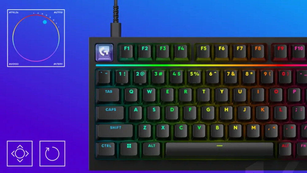 Klawiatura z podświetleniem RGB, z widocznymi klawiszami funkcyjnymi od F1 do F12 oraz standardowym układem QWERTY. W lewym górnym rogu znajduje się diagram kolorów z oznaczeniami #FF0056, #0075FF, #00FFDD, #0075FF, #FF0056, #0075FF.
