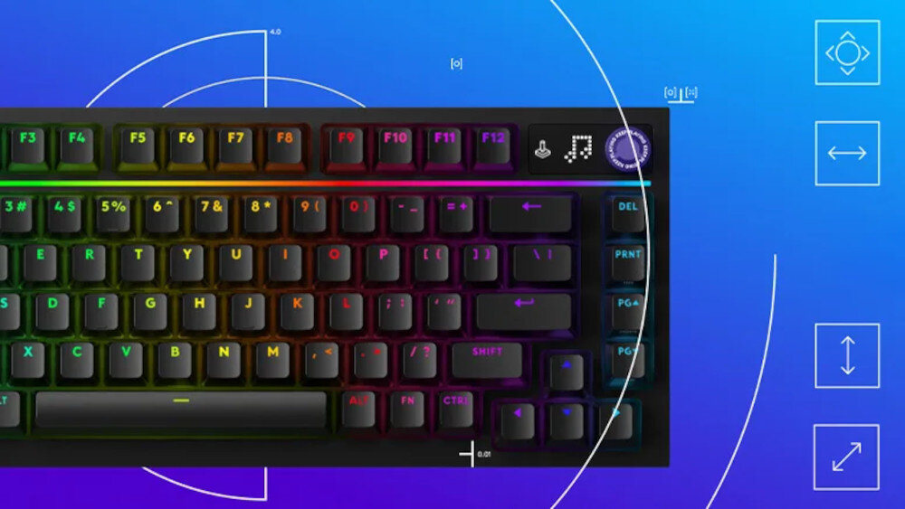 Klawiatura z podświetleniem RGB, z widocznymi klawiszami funkcyjnymi F1-F12 oraz symbolami muzycznymi i kontrolnymi. Tło jest gradientowe, przechodzące od niebieskiego do fioletowego, z geometrycznymi wzorami i ikonami strzałek.