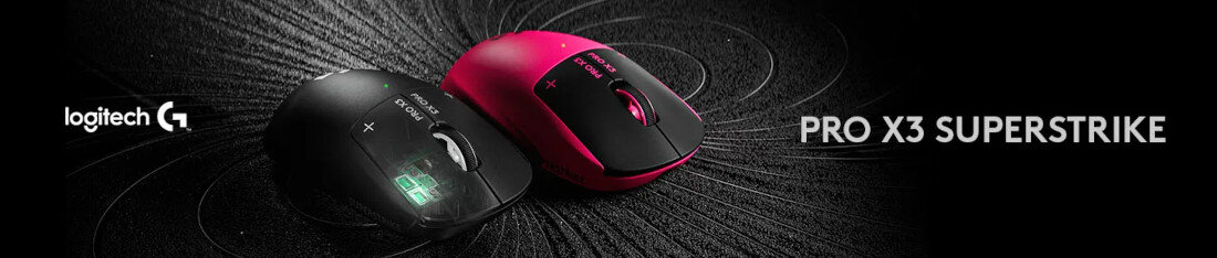 Na obrazie znajdują się dwie myszy komputerowe, jedna czarna, druga różowa, z widocznym logo \'logitech G\'. Obok myszy widoczny jest napis \'PRO X3 SUPERSTRIKE\'.