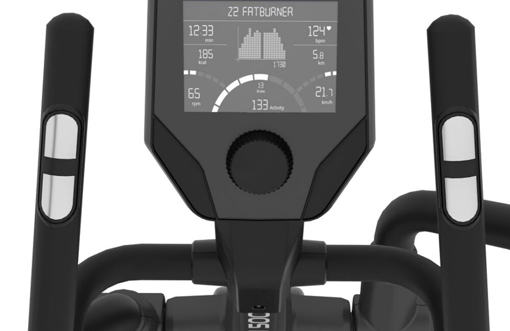 Wyświetlacz orbitreka pokazuje różne dane, takie jak czas 12:33 min, kalorie 185 kcal, tętno 124 bpm, dystans 5.8 km, prędkość 21.7 km/h, oraz tryb \'22 FATBURNER\'.