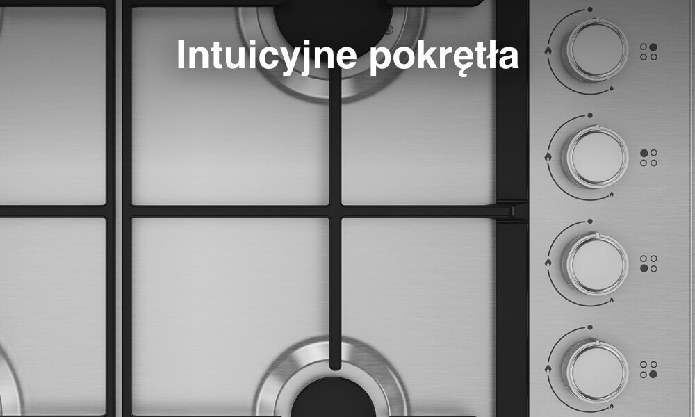 Obraz przedstawia płytę gazową z czterema palnikami i żeliwnymi rusztami. Widoczny jest tekst: \'Intuicyjne pokrętła\'.