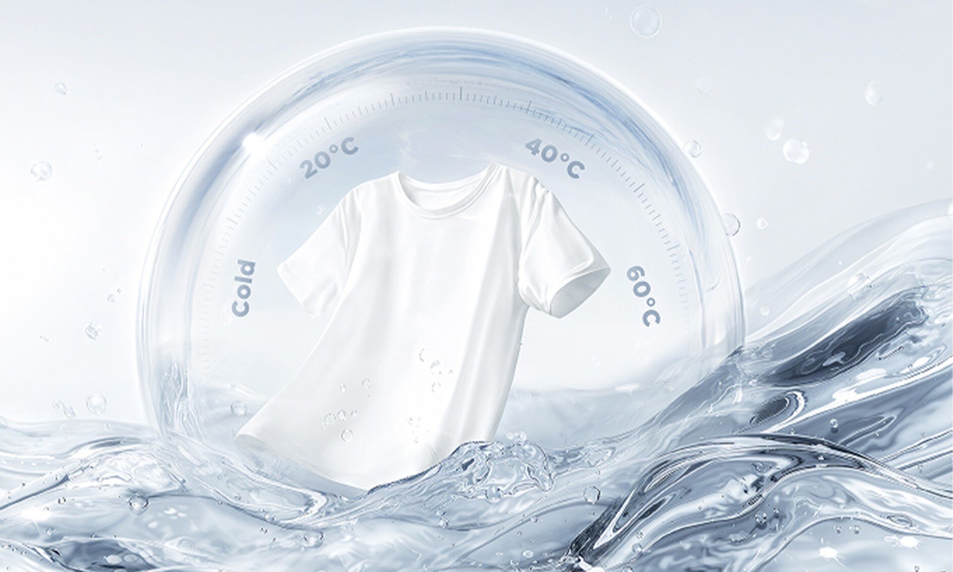 PRALKA MIDEA MF110W90BA10/WW-PL Koszulka na tle skali temperatur od 20°C do 60°C. Grafika prezentuje możliwość dopasowania temperatury prania do rodzaju tkanin regulacja temperatury regulacja wirowania dopasowanie ustawień delikatne tkaniny