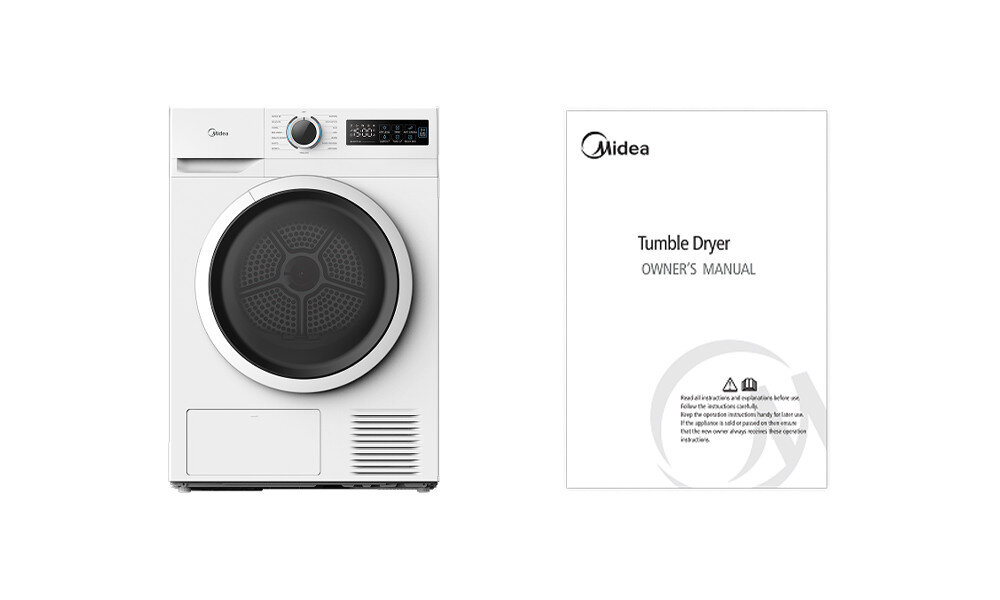 Suszarka MIDEA MD110H80D WW-PL z pompą ciepła Suszarka Midea została przedstawiona obok instrukcji obsługi urządzenia. Grafika prezentuje wygląd modelu oraz dołączoną dokumentację dokumentacja instrukcja obsługi zestaw Sprayowy