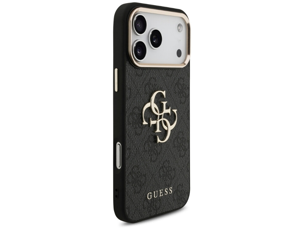 Czarne etui na telefon z logo \'GUESS\' na dole i ozdobnym wzorem 4G na środku. Etui ma wycięcia na aparat i przyciski boczne.