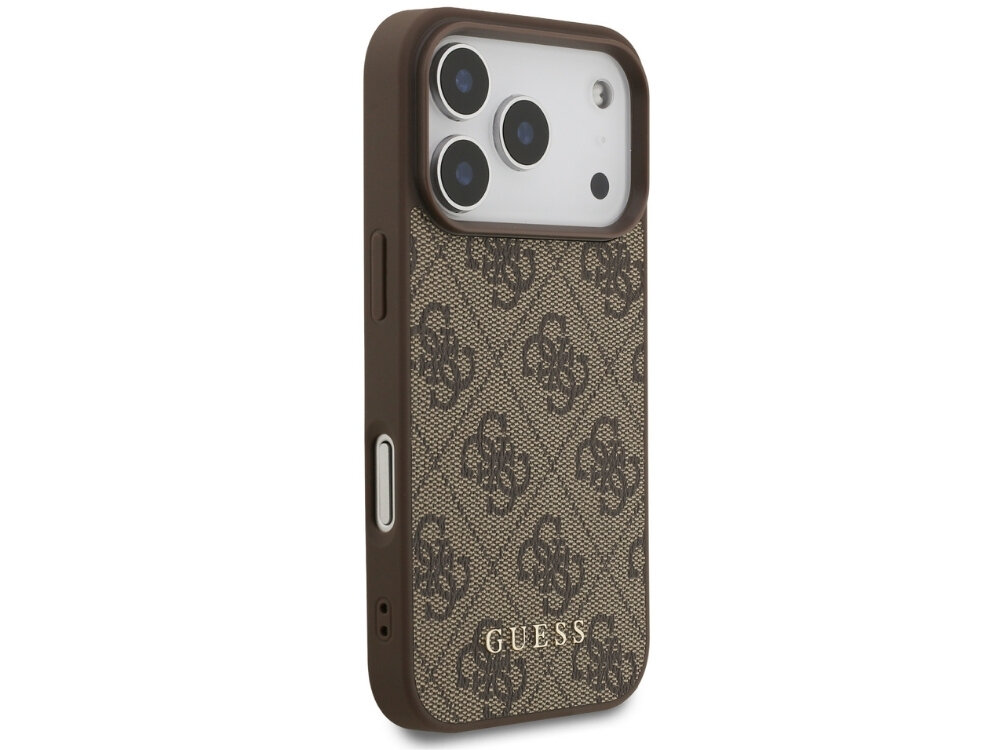 Brązowe etui na telefon z wzorem 4G i napisem \'GUESS\' na dole. Etui posiada wycięcia na aparat i przyciski boczne.