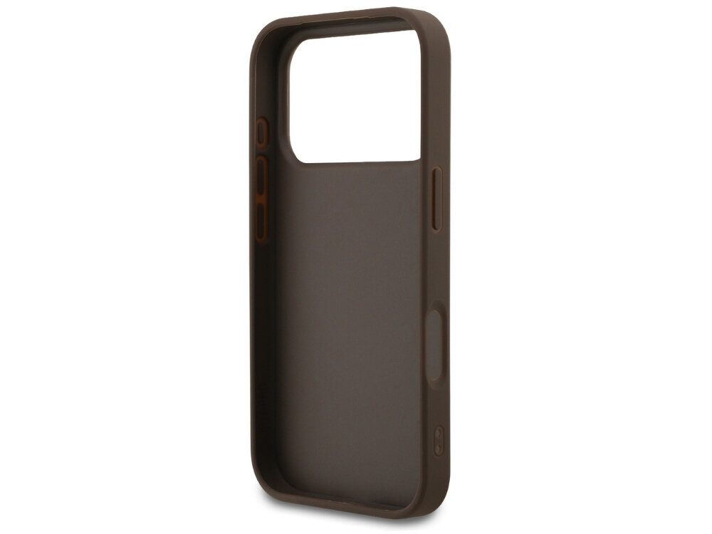 Brązowe etui na telefon z wycięciem na aparat i przyciski boczne. Wykonane z gładkiego materiału, bez widocznych napisów lub logo.