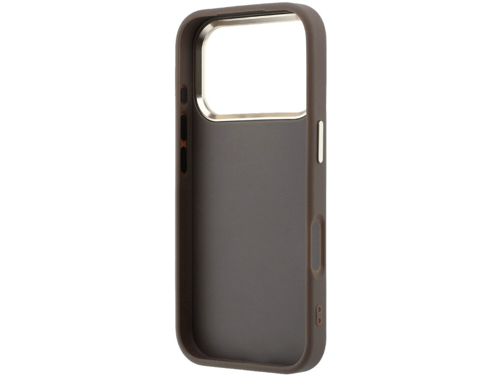 Brązowe etui na telefon z dużym otworem na aparat i przyciskami bocznymi. Wewnątrz widoczna jest metaliczna ramka wokół otworu na aparat.
