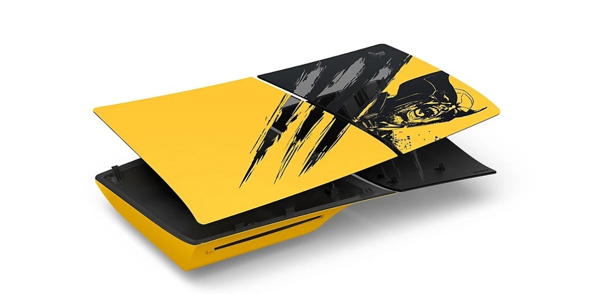 Konsola Playstation 5 Digital Marvel’s Wolverine Battle Yellow na białym tle.