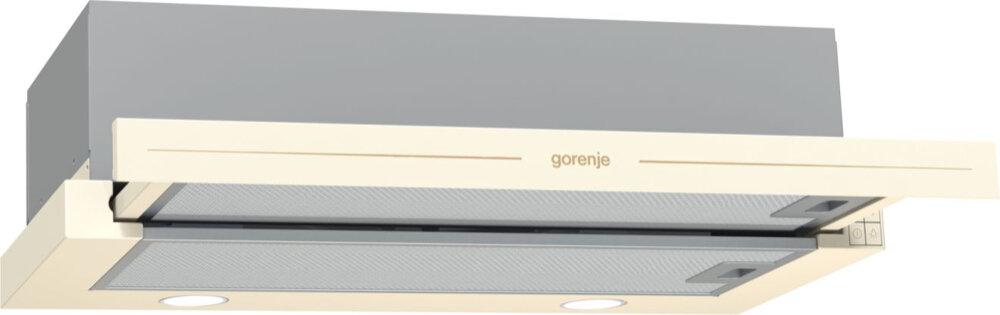 Okap kuchenny w kolorze kości słoniowej z widocznym logo \'gorenje\'. Posiada dwa okrągłe światła i prostokątny panel sterowania.