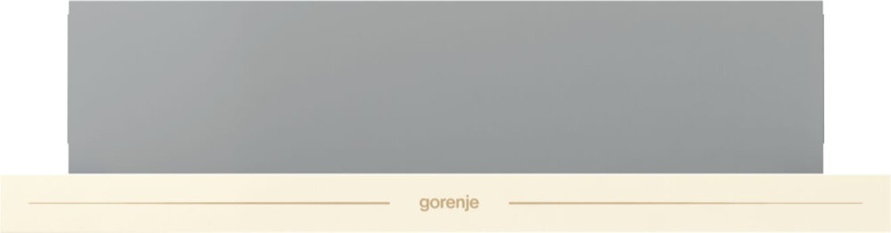 Obraz przedstawia okap kuchenny w kolorze kości słoniowej z szarym panelem. Na froncie widoczne jest logo \'gorenje\'.