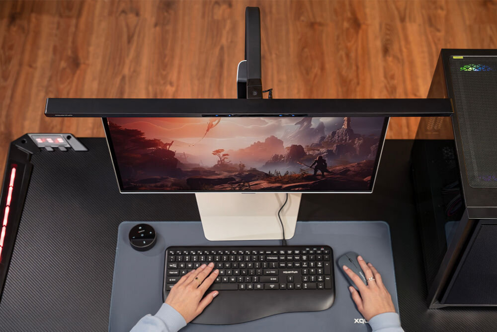 Na biurku znajduje się monitor z krajobrazem z gry, nad którym zamontowana jest lampka. Przed monitorem widoczna jest klawiatura, myszka i ręce osoby obsługującej komputer.