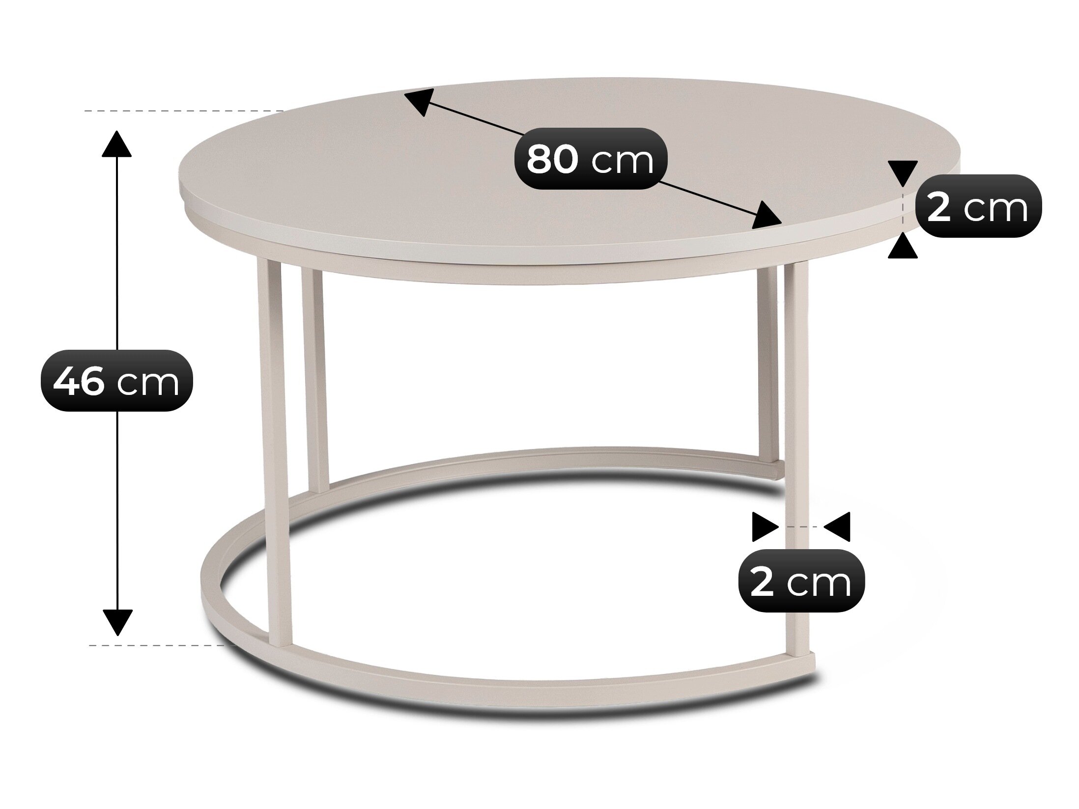 Okrągły stolik kawowy z metalową ramą, o średnicy blatu 80 cm i wysokości 46 cm. Grubość blatu i ramy wynosi 2 cm.