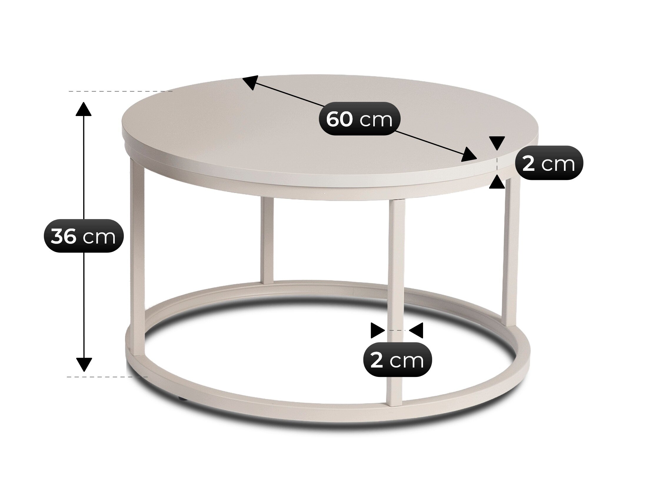 Okrągły stolik kawowy z metalową ramą, o średnicy blatu 60 cm i wysokości 36 cm. Grubość blatu i ramy wynosi 2 cm.