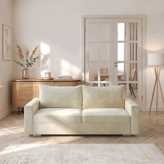 Kremowa sofa dwuosobowa stoi w eleganckim salonie z drewnianą podłogą i jasnymi ścianami. W tle znajduje się drewniana komoda z dekoracjami oraz przeszklone drzwi prowadzące do innego pomieszczenia.