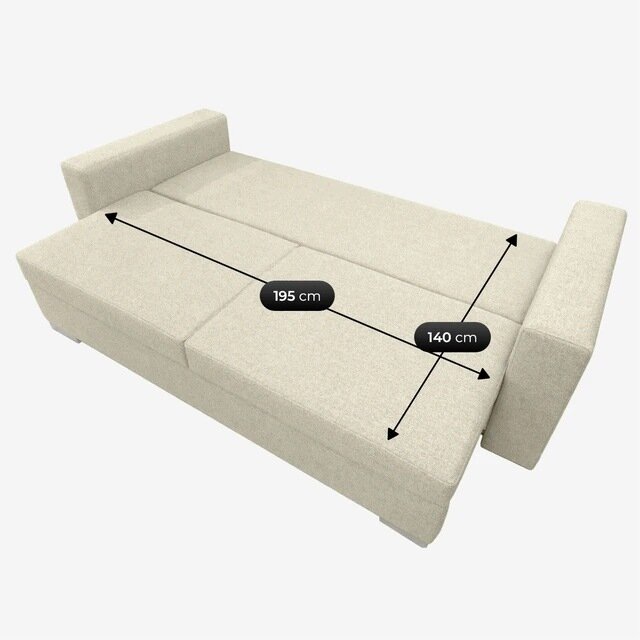 Kremowa sofa rozkładana z funkcją spania, przedstawiona w pozycji rozłożonej. Na powierzchni sofy widoczne są wymiary: 195 cm i 140 cm.