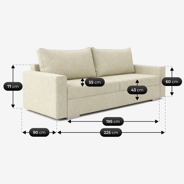 Kremowa sofa z funkcją spania, z podanymi wymiarami: wysokość 71 cm, głębokość 90 cm, szerokość 225 cm, wysokość siedziska 43 cm, głębokość siedziska 55 cm, szerokość siedziska 195 cm, wysokość podłokietnika 60 cm.