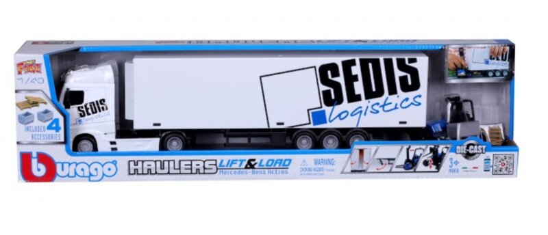 Opakowanie zawiera model ciężarówki z naczepą i wózkiem widłowym, z dużym napisem \'SEDIS logistics\' na boku. Widoczne są także napisy \'Bburago\', \'HAULERS\', \'LIFT & LOAD\' oraz informacja o 4 akcesoriach.