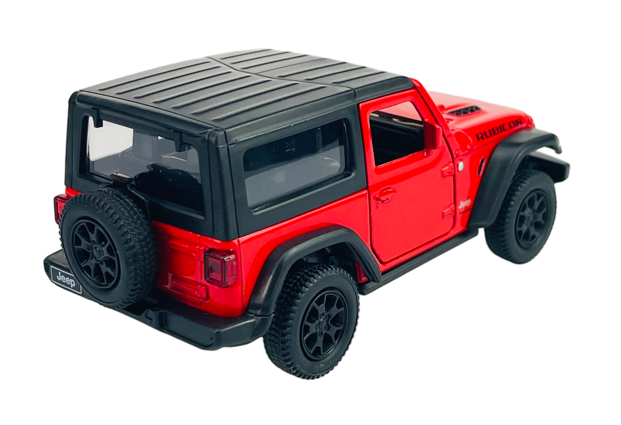 Model samochodu w kolorze czerwonym z czarnym dachem, z widocznym logo \'Jeep\' na tylnym zderzaku. Na masce widoczny napis \'RUBICON\'.
