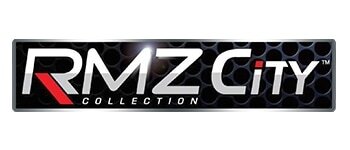 Logo RMZ City Collection na czarnym tle z wzorem plastra miodu.