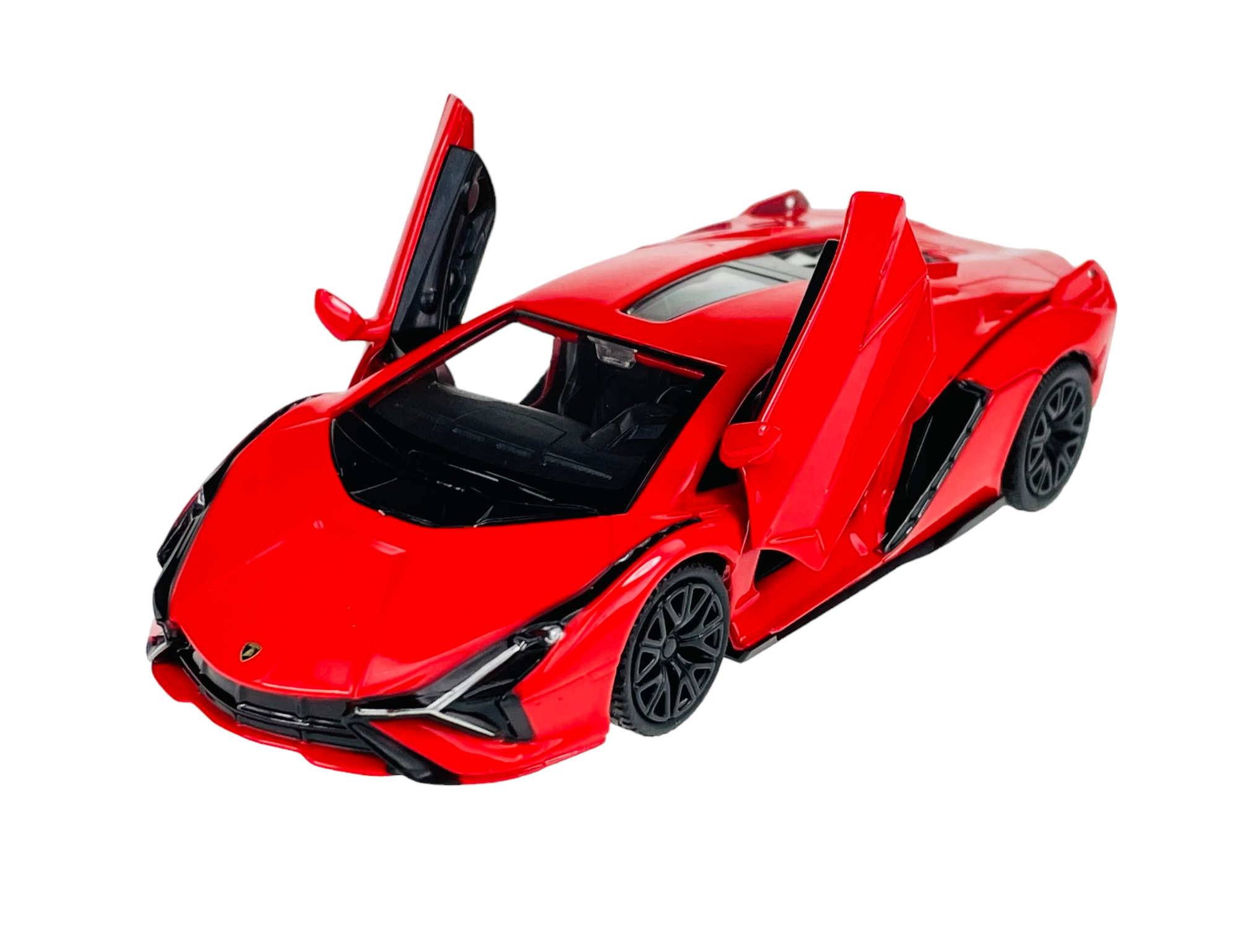 Czerwony model samochodu sportowego z otwartymi drzwiami do góry. Na masce widoczne jest logo producenta.