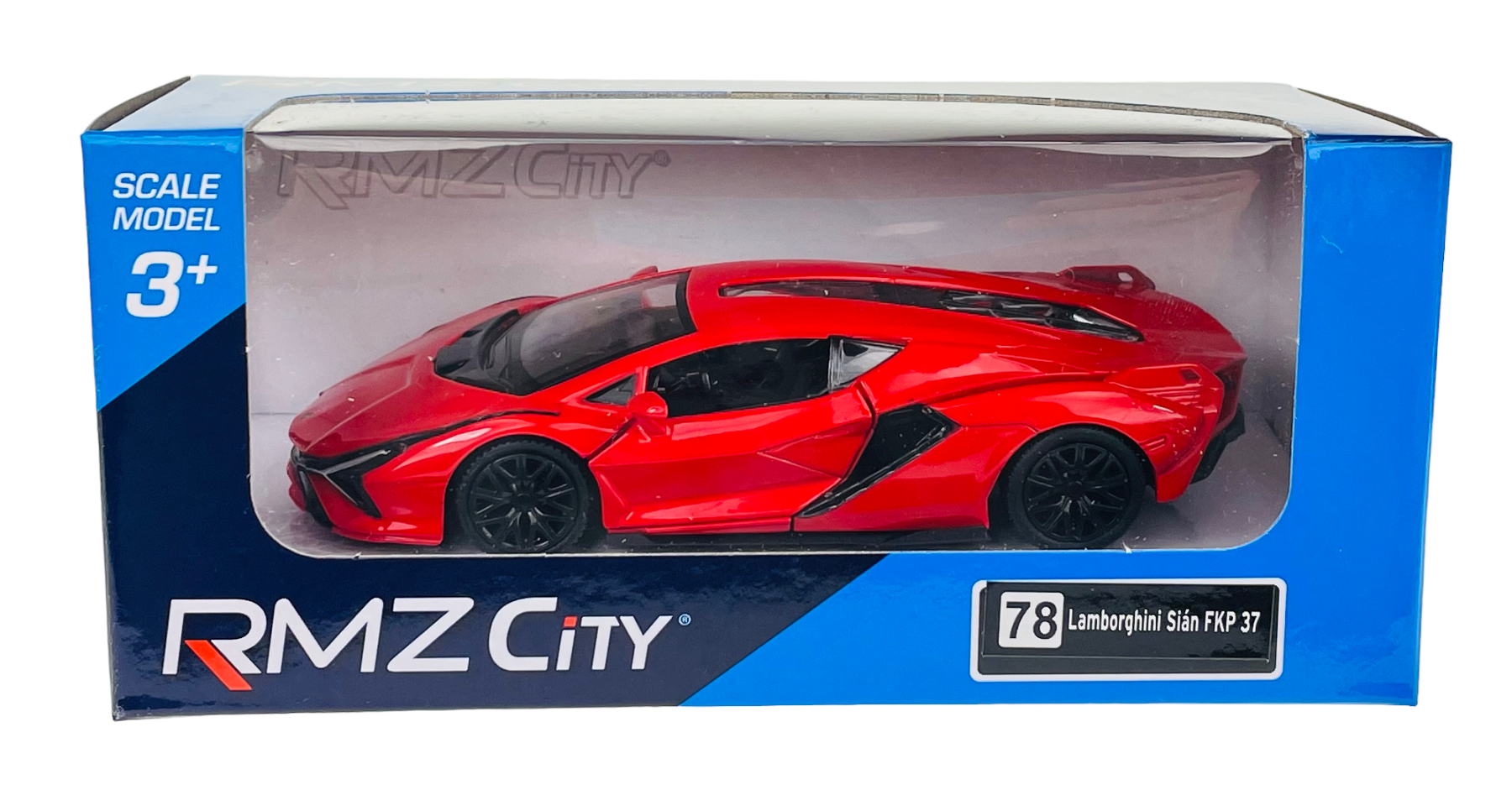 Model samochodu w skali, czerwony Lamborghini Sian FKP 37, znajduje się w przezroczystym opakowaniu z niebieskimi elementami. Na opakowaniu widnieje napis \'RMZ City\' oraz \'78 Lamborghini Sian FKP 37\'.