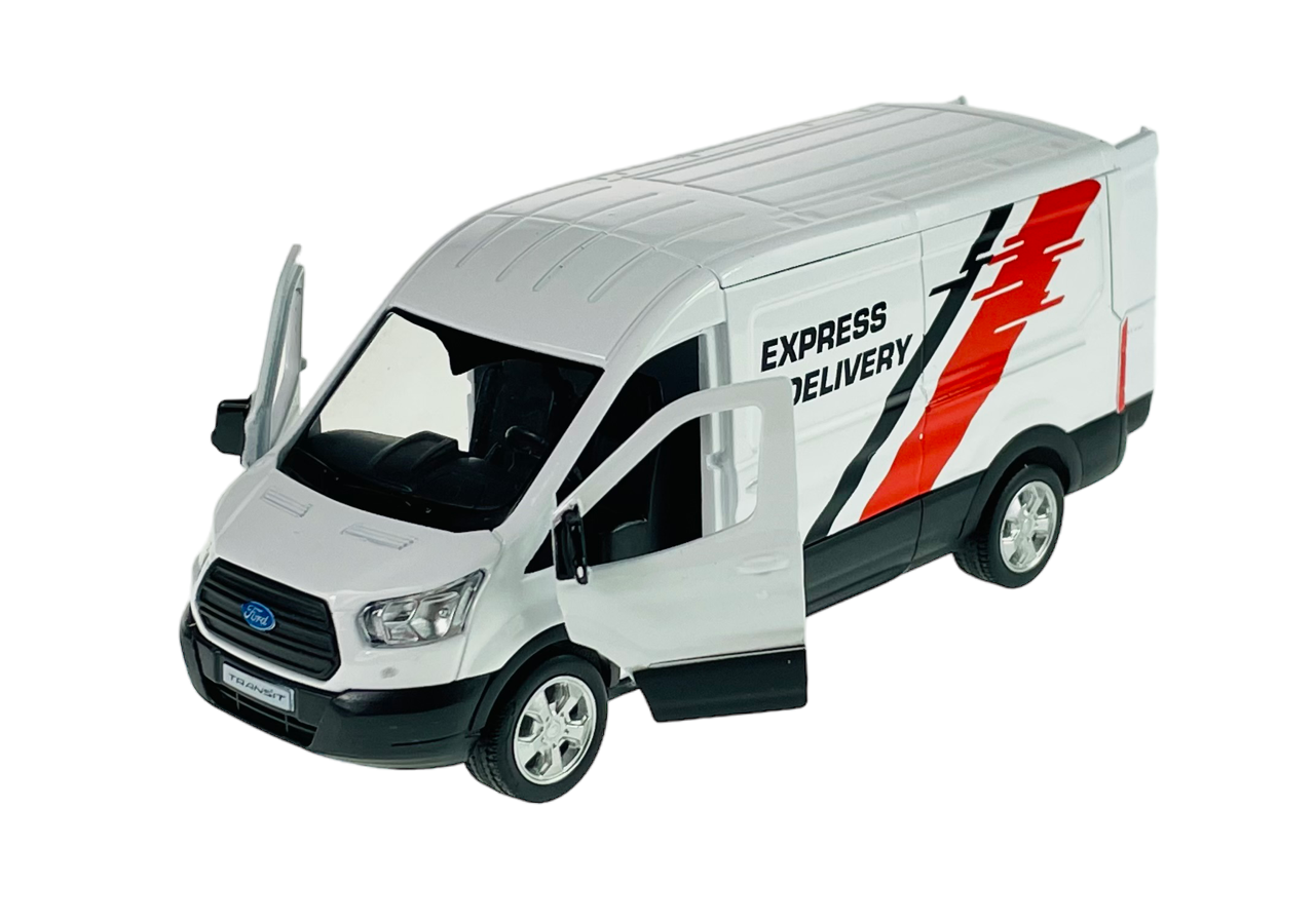 Biały model metalowego vana z otwartymi drzwiami, z napisem \'EXPRESS DELIVERY\' i logo Ford na przodzie. Na boku widoczny jest czerwono-czarny wzór graficzny.