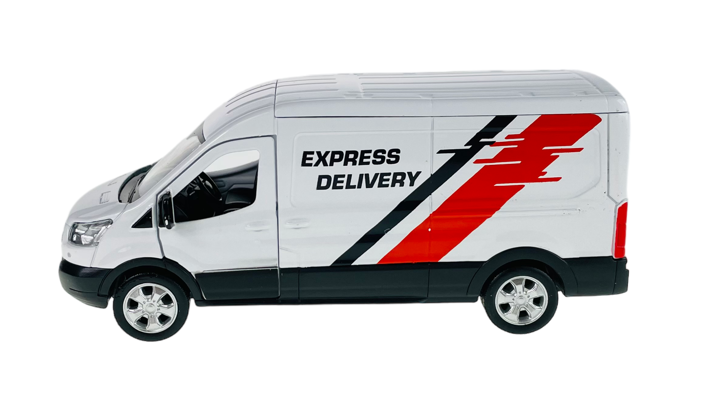 Biały model samochodu dostawczego z napisem \'EXPRESS DELIVERY\' i czerwono-czarnymi grafikami na boku. Samochód ma srebrne felgi i czarne elementy dolne.