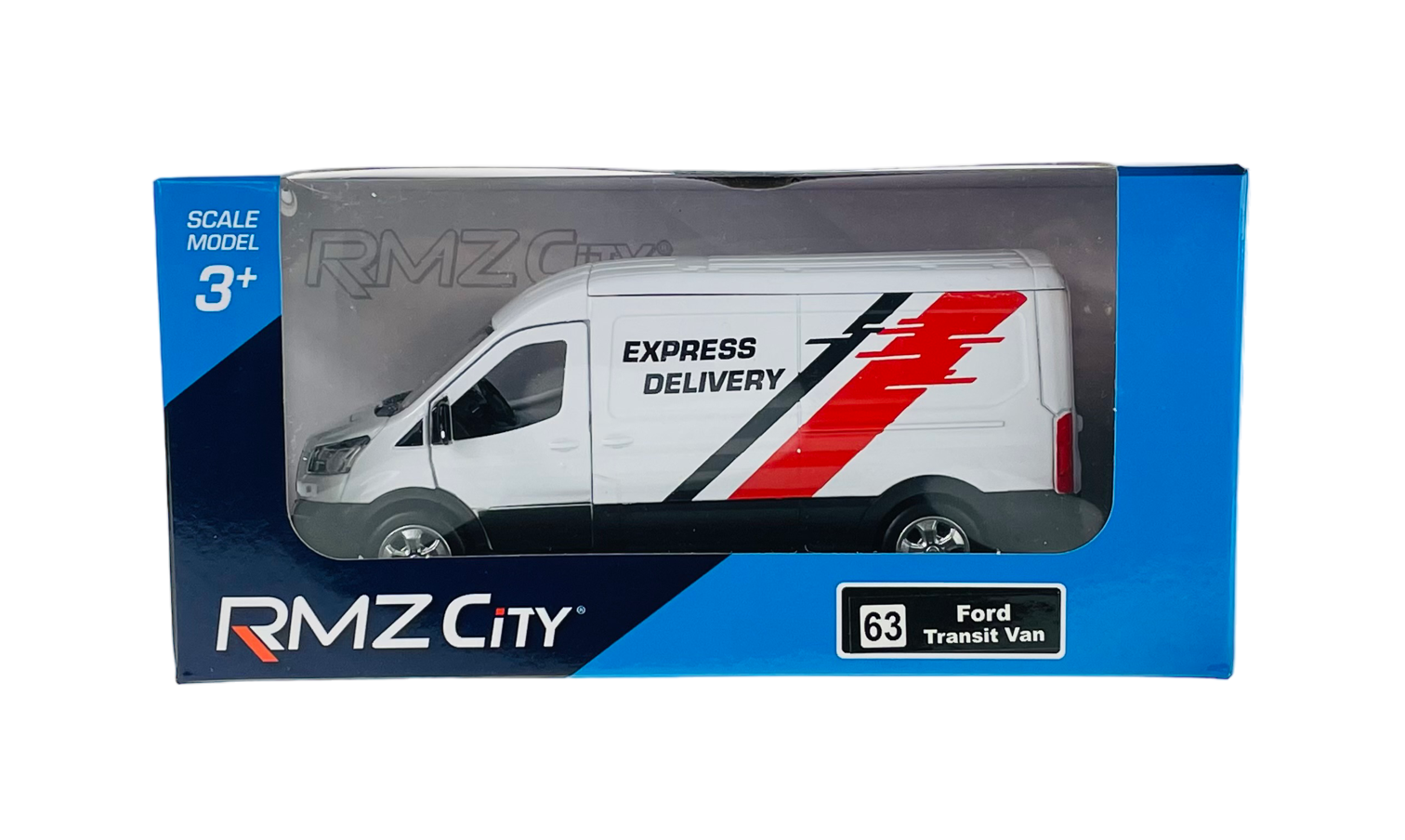 Model samochodu dostawczego w kolorze białym z napisem \'EXPRESS DELIVERY\' i czerwono-czarnymi paskami na boku. Opakowanie zawiera logo \'RMZ City\' oraz napis \'Ford Transit Van\'.