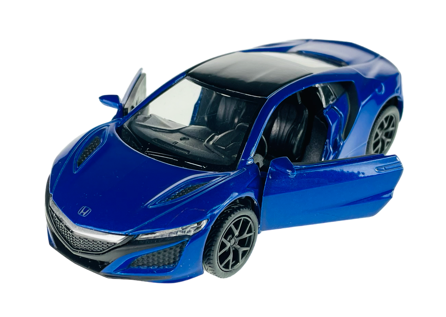 Niebieski model samochodu z otwartymi drzwiami i widocznym logo Honda na masce. Samochód ma czarne felgi i szczegółowe wnętrze.