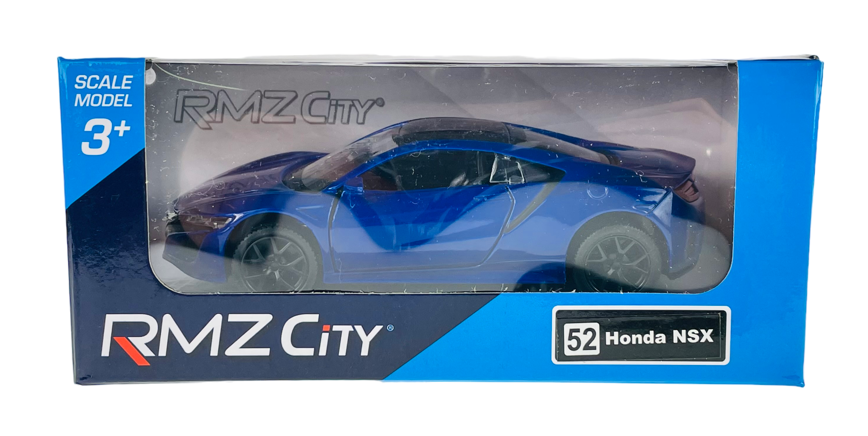 Opakowanie modelu samochodu RMZ City w kolorze niebieskim z napisem \'52 Honda NSX\'. Widoczny jest również napis \'SCALE MODEL 3+\' oraz logo RMZ City.