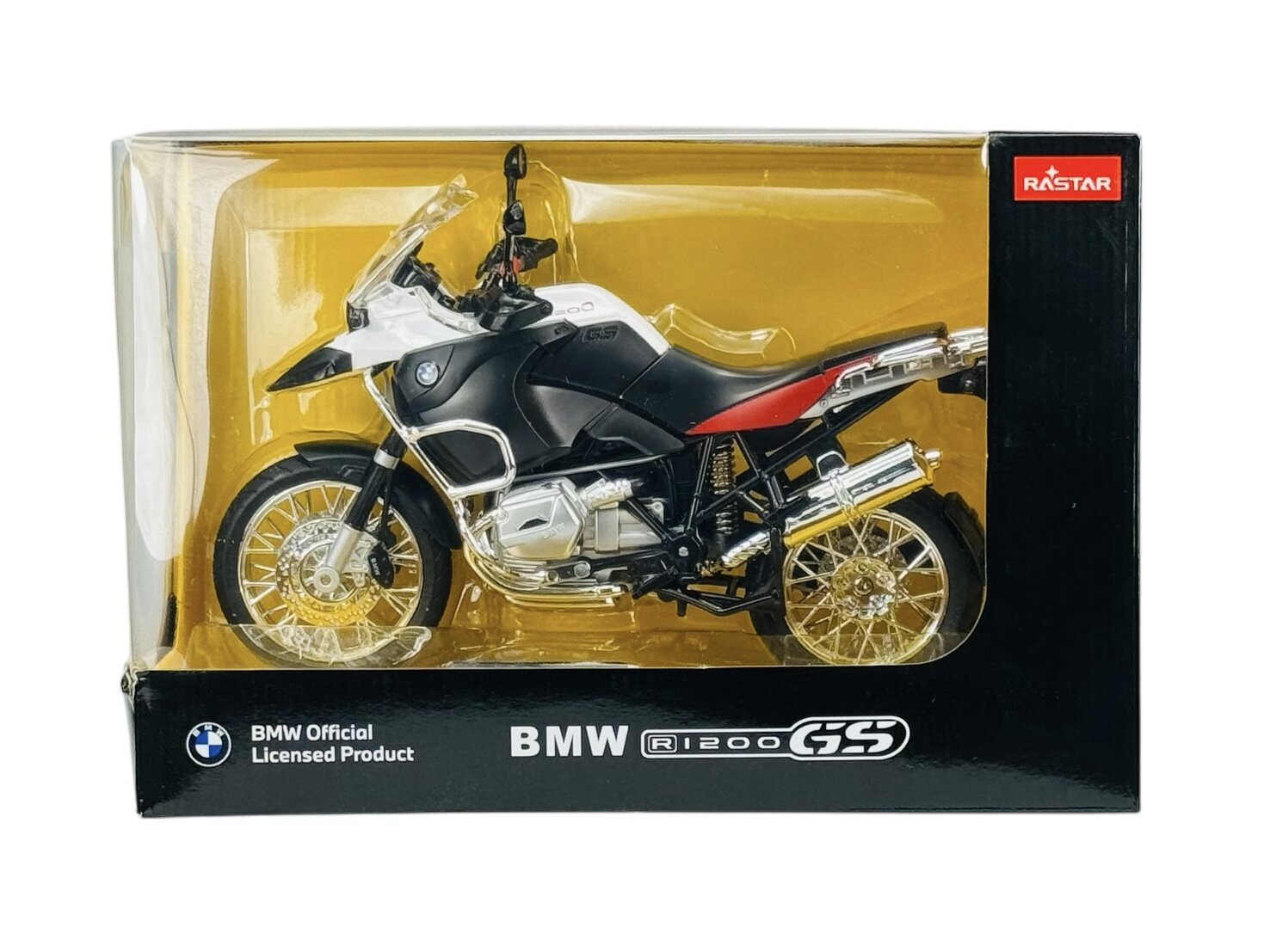 Model motocykla BMW R1200GS w skali 1:9 w kolorze biało-czarnym, zapakowany w pudełko z logo Rastar. Na opakowaniu widnieje napis: \'BMW Official Licensed Product BMW R1200GS\'.