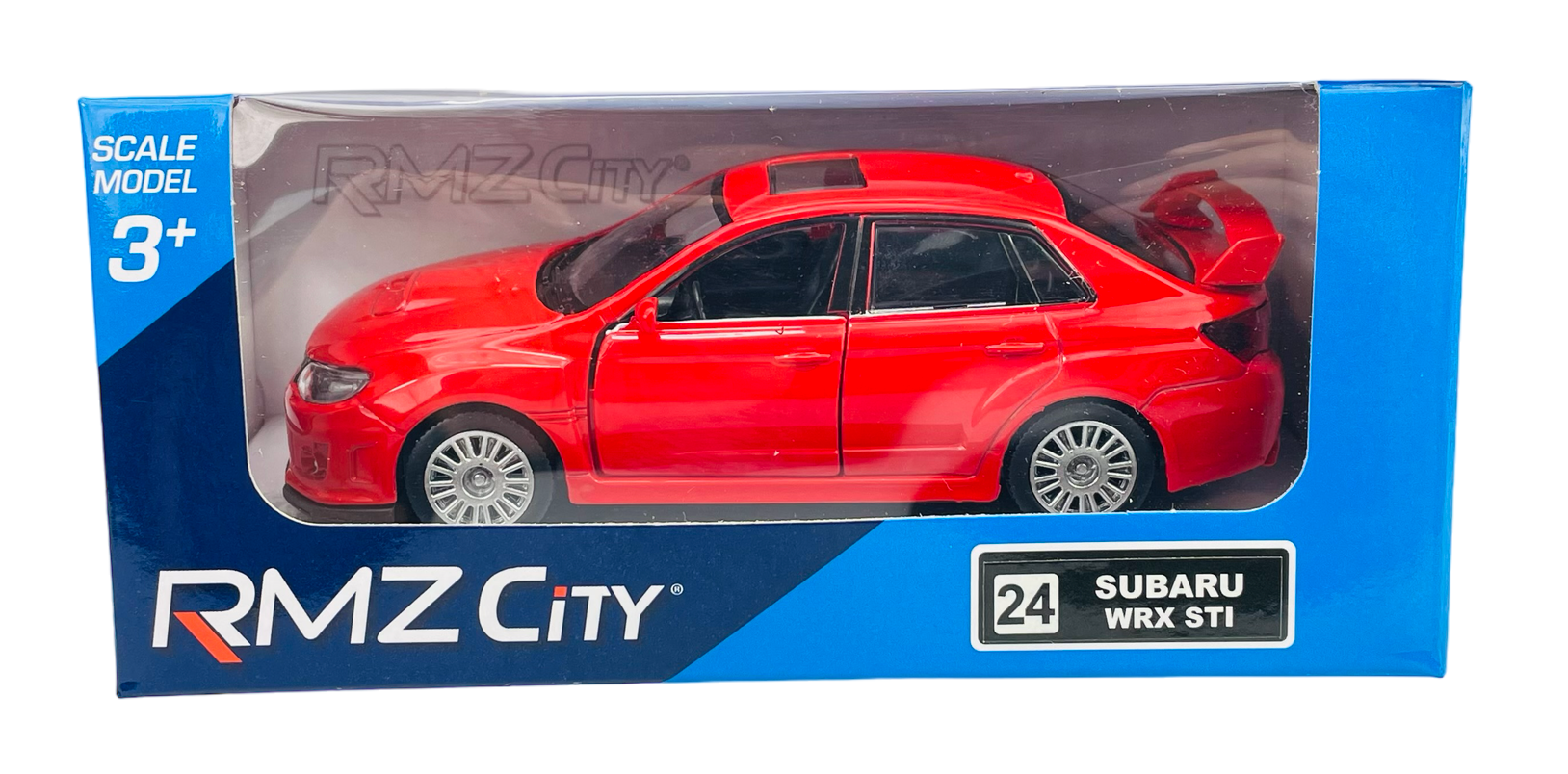 Czerwony model samochodu Subaru WRX STI w opakowaniu z przezroczystym frontem. Na opakowaniu widnieje napis \'RMZ City\' oraz oznaczenie \'Scale Model 3+\'.
