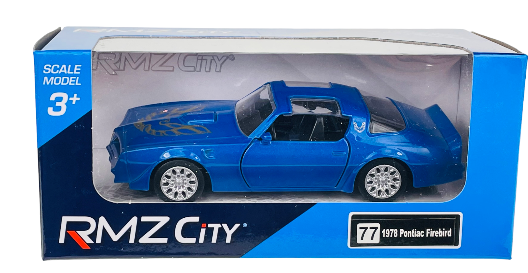 Model samochodu w kolorze niebieskim znajduje się w pudełku z przezroczystym frontem. Na opakowaniu widnieje napis \'RMZ City\' oraz \'1978 Pontiac Firebird\'.