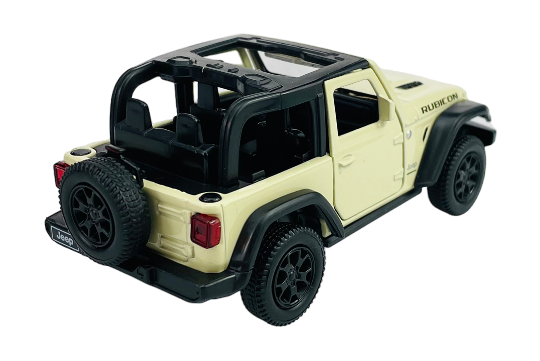 Model samochodu terenowego w kolorze kremowym, bez dachu, z widocznym napisem \'RUBICON\' na boku. Na tylnej części pojazdu znajduje się koło zapasowe oraz logo \'Jeep\'.