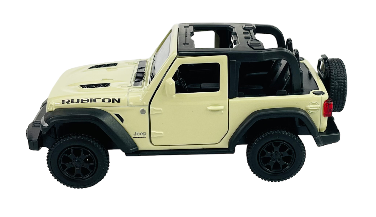 Model samochodu terenowego w kolorze kremowym, bez dachu, z widocznymi napisami \'RUBICON\' i \'Jeep\'.