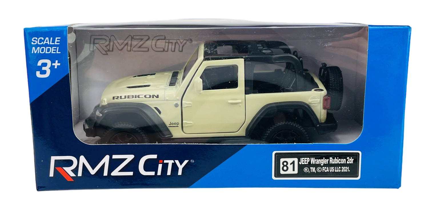 Model samochodu Jeep Wrangler Rubicon w kolorze kremowym, bez dachu, umieszczony w niebieskim opakowaniu z napisem \'RMZ City\'. Na opakowaniu widnieje tekst \'SCALE MODEL 3+\' oraz \'JEEP Wrangler Rubicon 2dr\'.