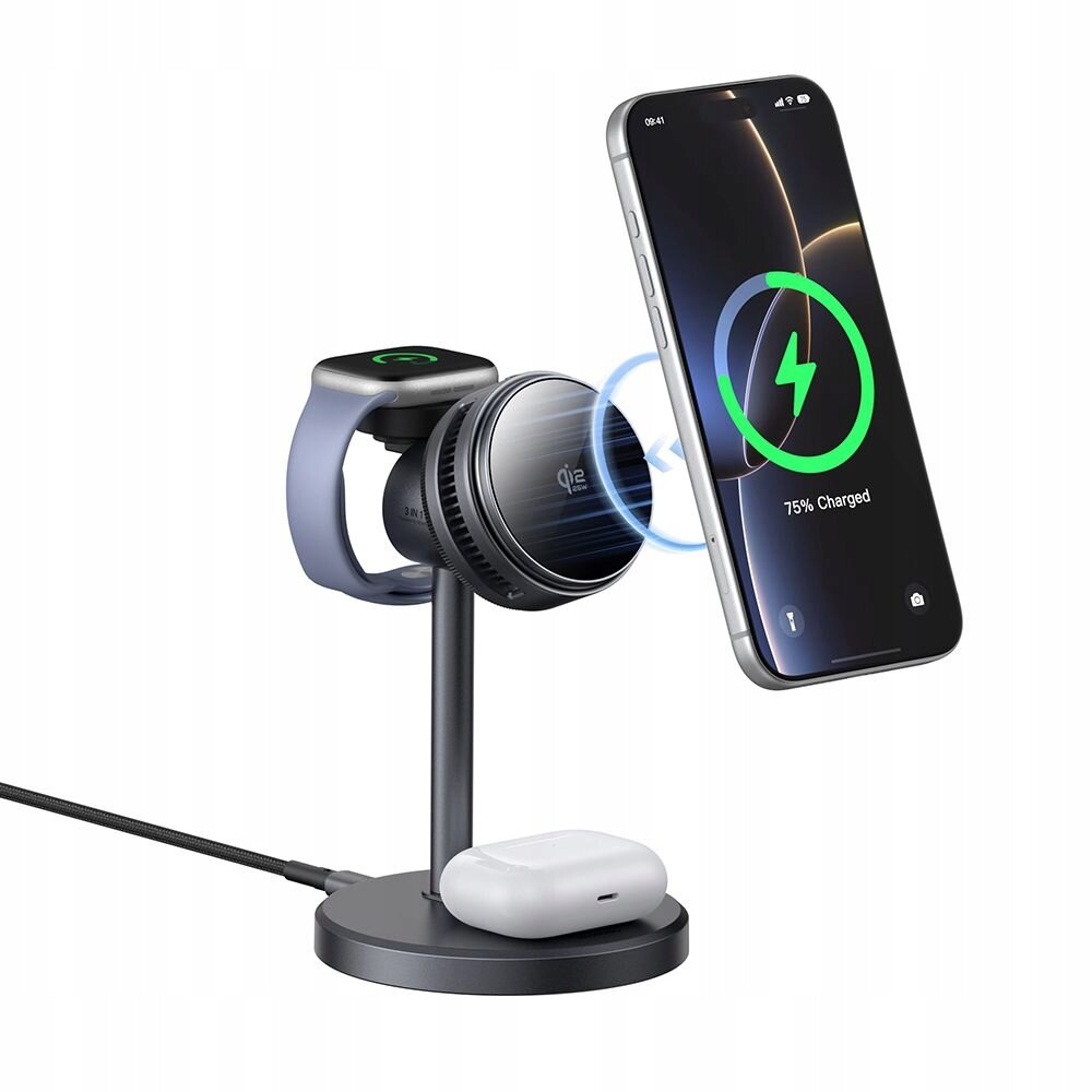 Na obrazie znajduje się stacja dokująca z ładowarką indukcyjną, na której umieszczony jest smartfon z widocznym wskaźnikiem ładowania na ekranie. Obok znajduje się miejsce na smartwatch oraz etui na słuchawki bezprzewodowe.