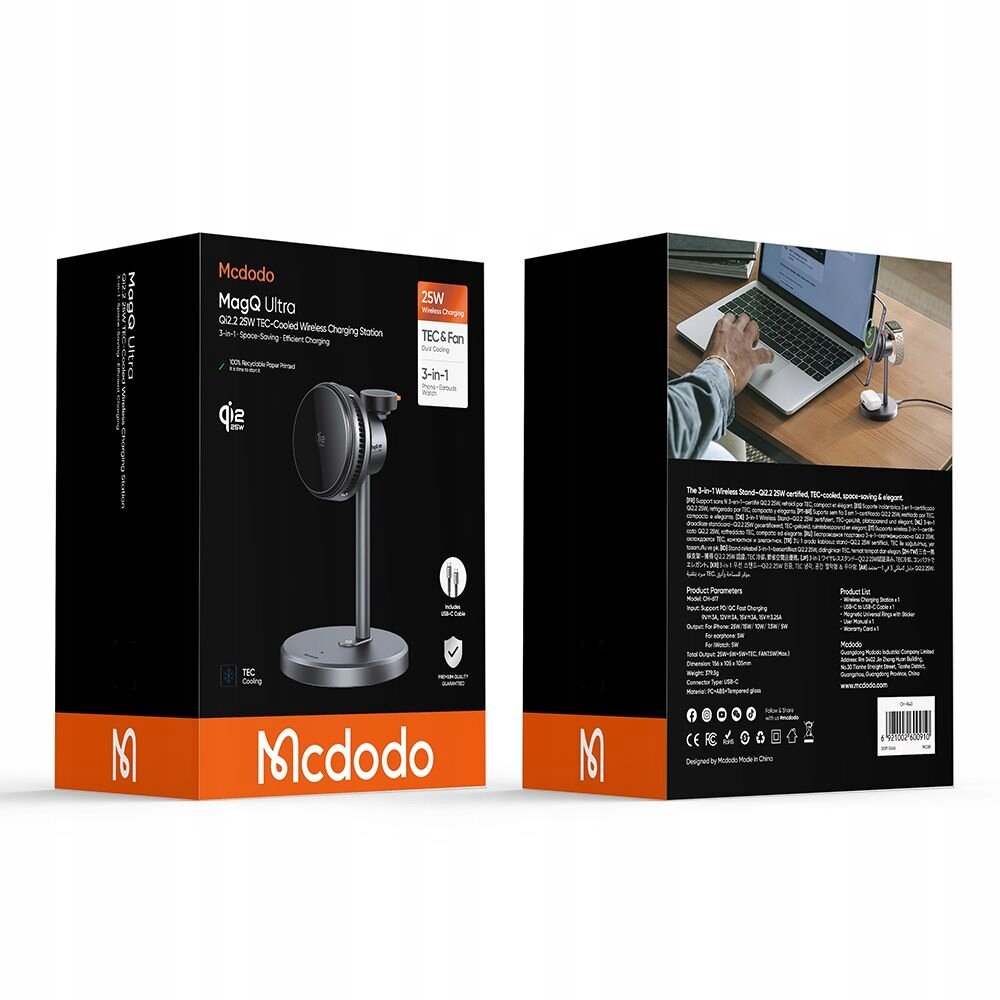 Opakowanie produktu Mcdodo Mega Ultra z ładowarką indukcyjną 3w1, przedstawiające stację dokującą oraz specyfikacje techniczne. Widoczne logo Mcdodo na pomarańczowym tle.