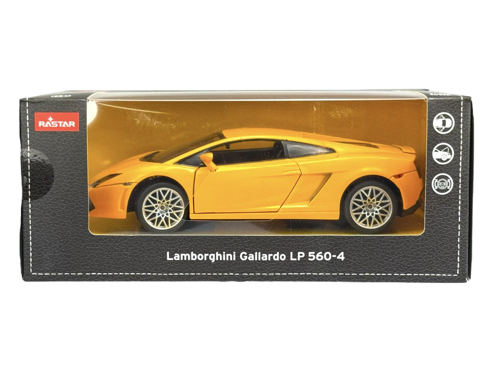 Model samochodu w kolorze żółtym w opakowaniu z przezroczystym frontem. Na opakowaniu widnieje napis \'Lamborghini Gallardo LP 560-4\' oraz logo \'RASTAR\'.