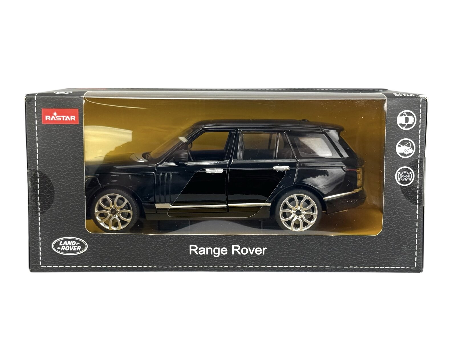 Czarny model samochodu Range Rover w skali 1:24 znajduje się w pudełku z przezroczystym frontem. Na opakowaniu widoczne są loga \'Rastar\' i \'Land Rover\'.