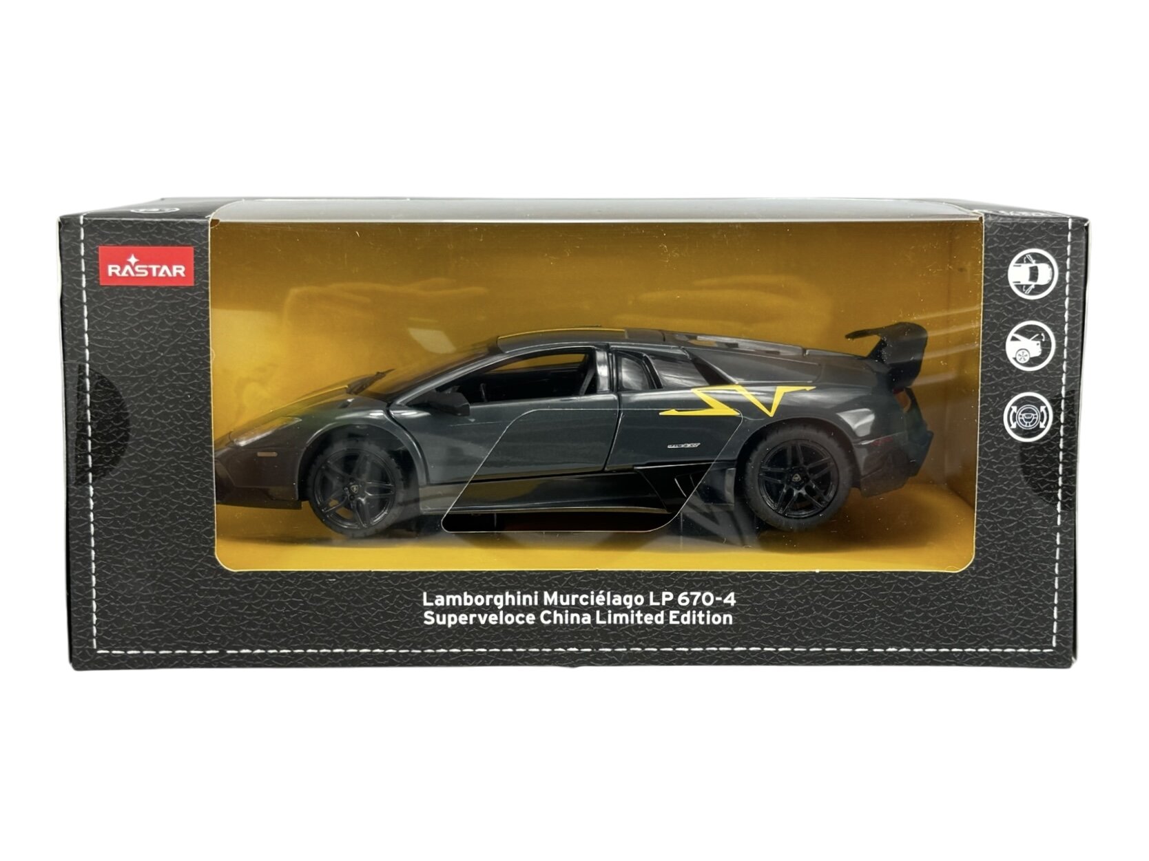 Model samochodu w skali 1:24 przedstawiający Lamborghini Murcielago LP 670-4 Superveloce China Limited Edition w kolorze szarym, umieszczony w pudełku z przezroczystym frontem. Na pudełku widoczne jest logo \'Rastar\' oraz napis \'Lamborghini Murcielago LP 670-4 Superveloce China Limited Edition\'.